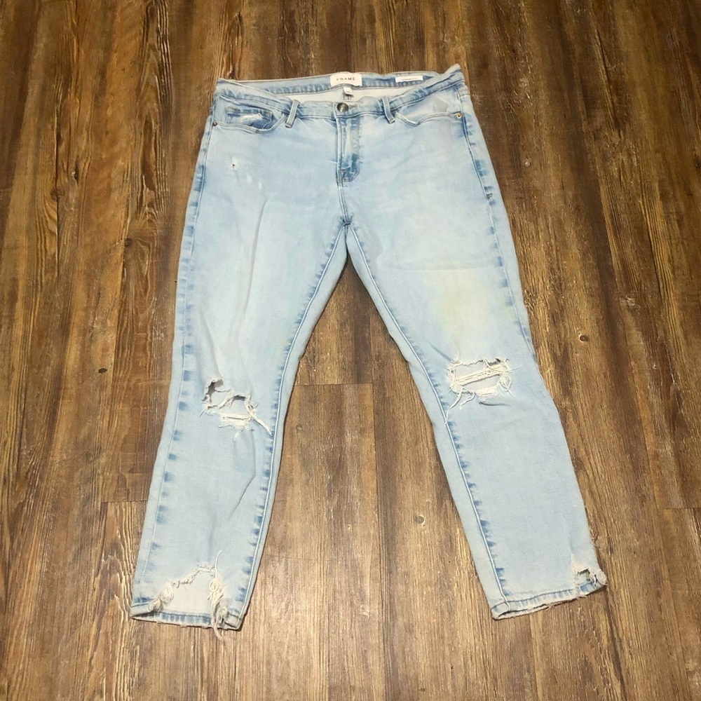 Frame Le Garcon Crop Jeans Women's 28 Distressed Hemp Denim in Bathe Wash
